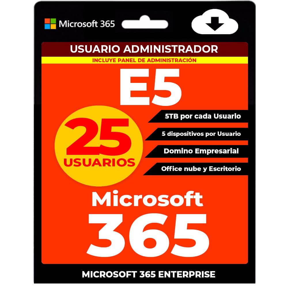 Microsoft 365 E5 | Administrador Global + Dominio + 25 Usuarios | 125 Dispositivos - Suscripción